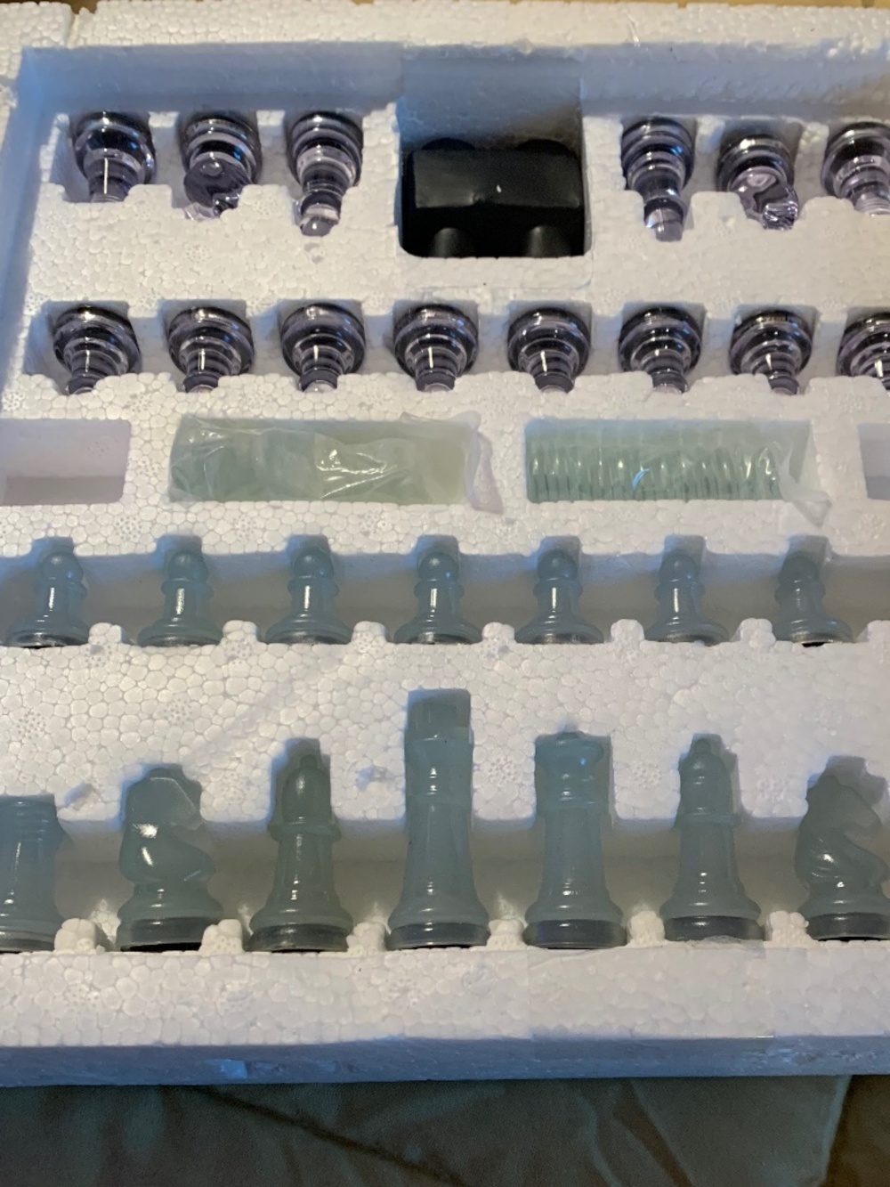 Chess and Checker board with glass and frosted pieces -Pre-owned good conditions